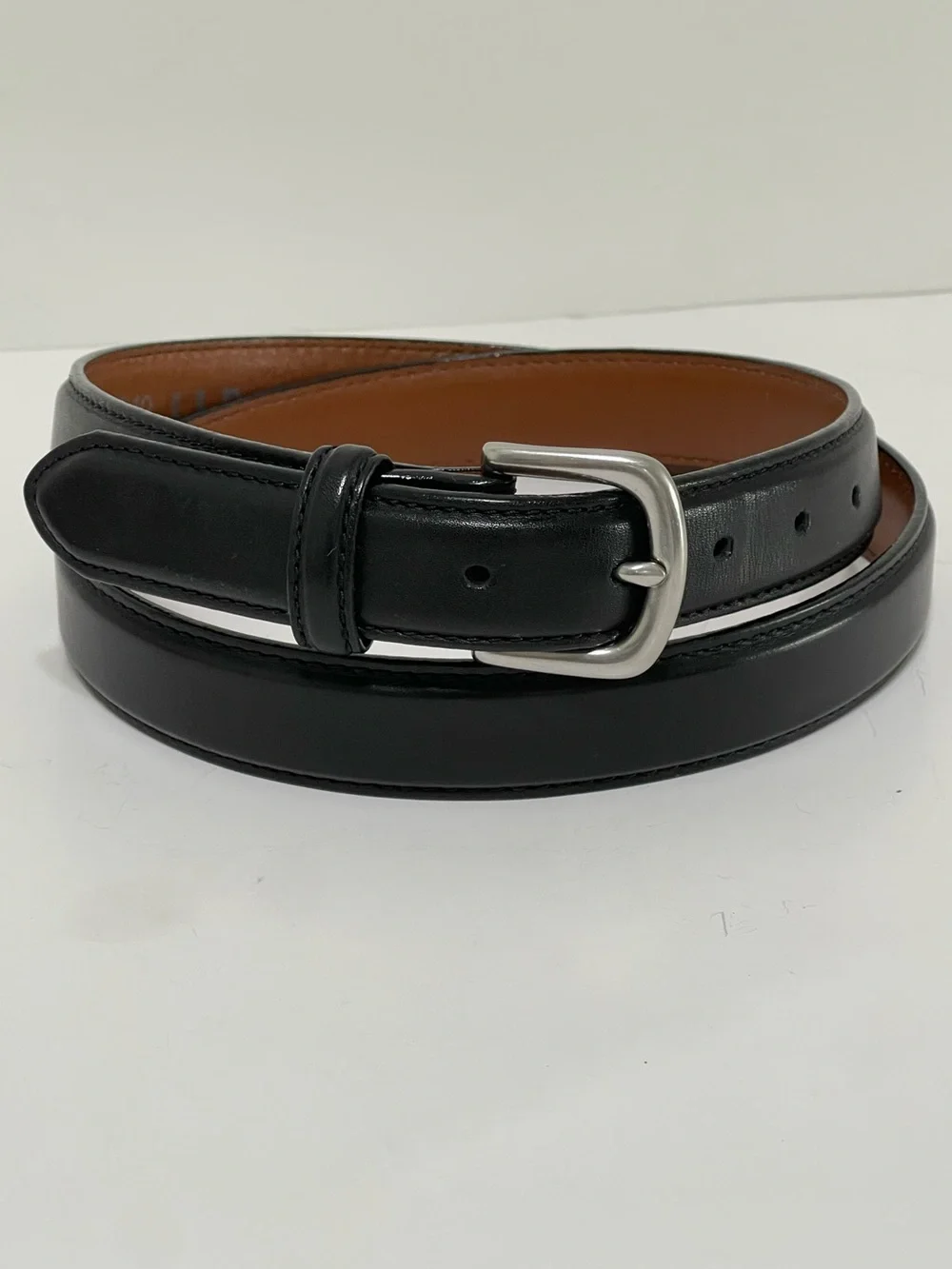 LL Bean Smooth Black Leather Belt Silver Tone Buckle Made in USA Vintage Size 42